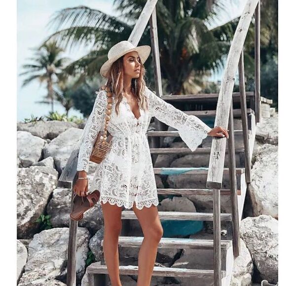 Boho White Lace V Neck Long Sleeve Cover Up - Picture 5 of 7